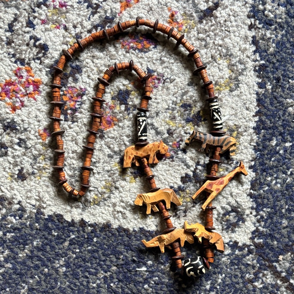 Hand-Carved Wooden Animal Necklace in Brown & Black - Costume Jewelry